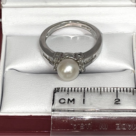 Solid Stamped 14K White Gold Genuine Cultured Pearl Natural Diamond Ring - Picture 6 of 13